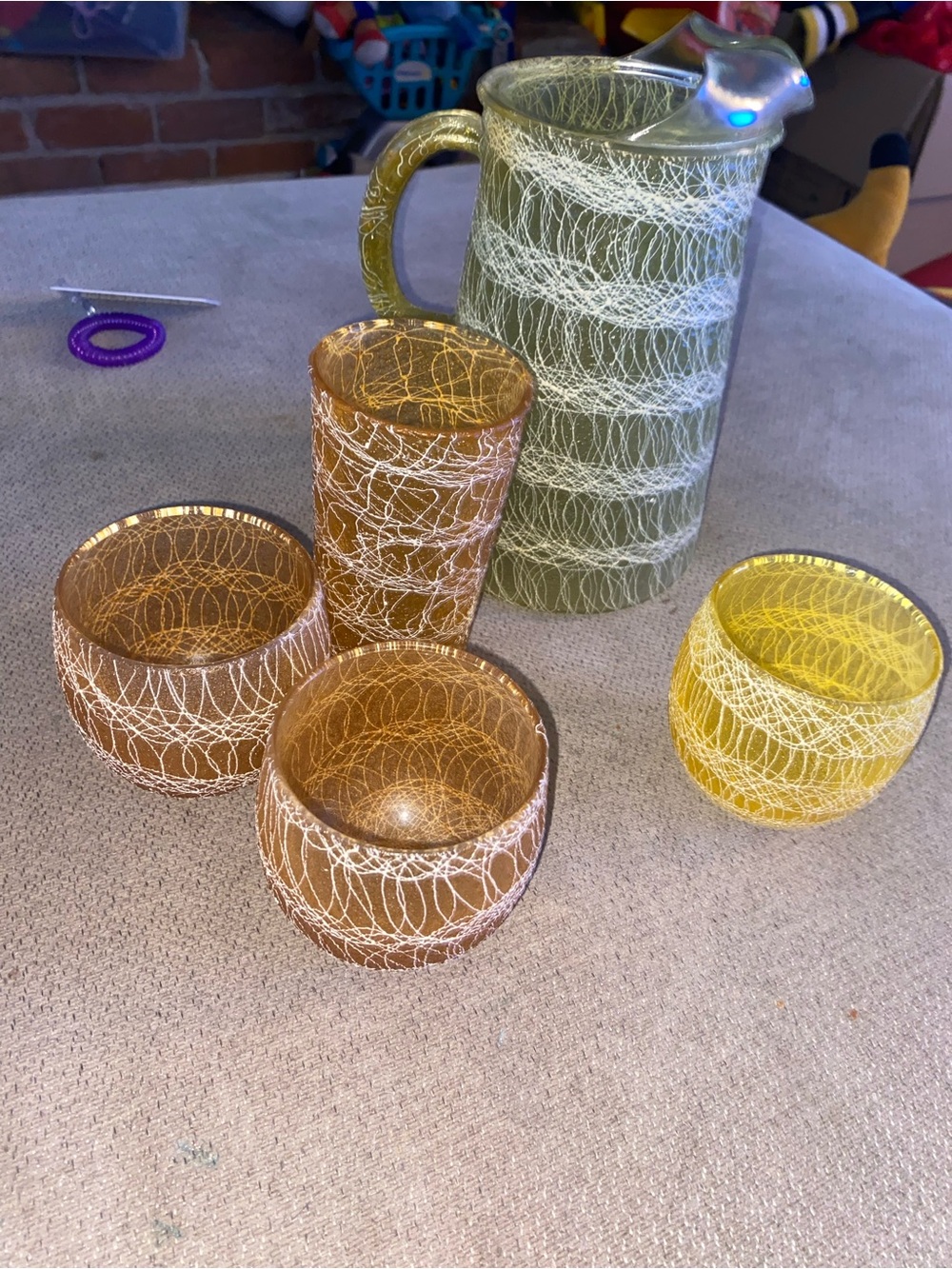 Hand-Blown Glass Pitcher and Tumbler Set in Green, Amber and Yellow